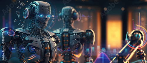 humanoid robotic character standing at a factory of advanced robotics concepts - Generative AI © sizsus
