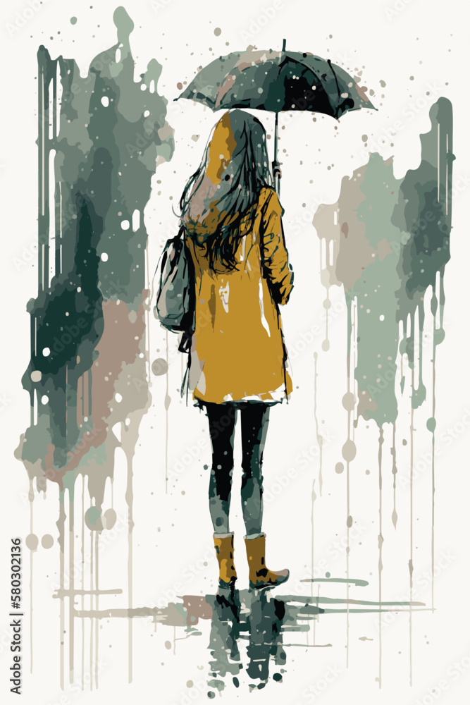 Sad woman with an umbrella walking under the rain. Vector art of cartoon poster. Watercolor painting of depressed woman. Hand drawn young lady heartbroken. Illustration of depression. Moody colors. - obrazy, fototapety, plakaty 