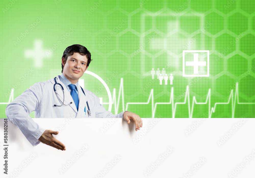 Doctor with banner Doctor with banner