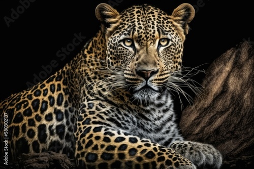Isolated on black, a close up of a magnificent, ferociously large leopard. Generative AI