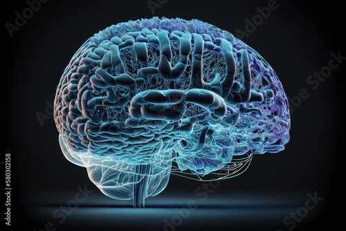 Luminous fluorescent brain hologram, digital mindset, technological, future oriented, anatomical vision created with generative ai technology. Generative ai