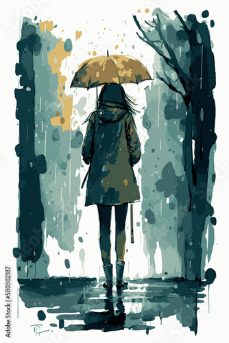 Sad woman with an umbrella walking under the rain. Vector art of cartoon poster. Watercolor painting of depressed woman. Hand drawn young lady heartbroken. Illustration of depression. Moody colors.