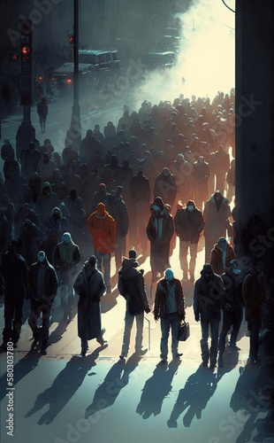 Futuristic concept showing crowd of people walking on city street.