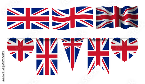 Set of Union Jack Bunting Flags. Vector Illustration of UK Flag. Realistic National Flag of United Kingdom