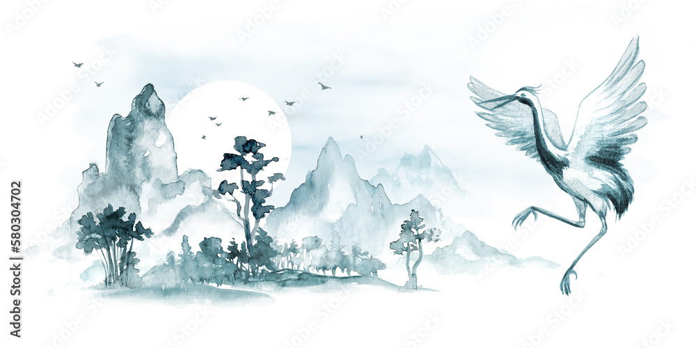 Fototapeta premium watercolor landscape with foggy mountains, pine trees and flying crane bird. Traditional chinese nature background