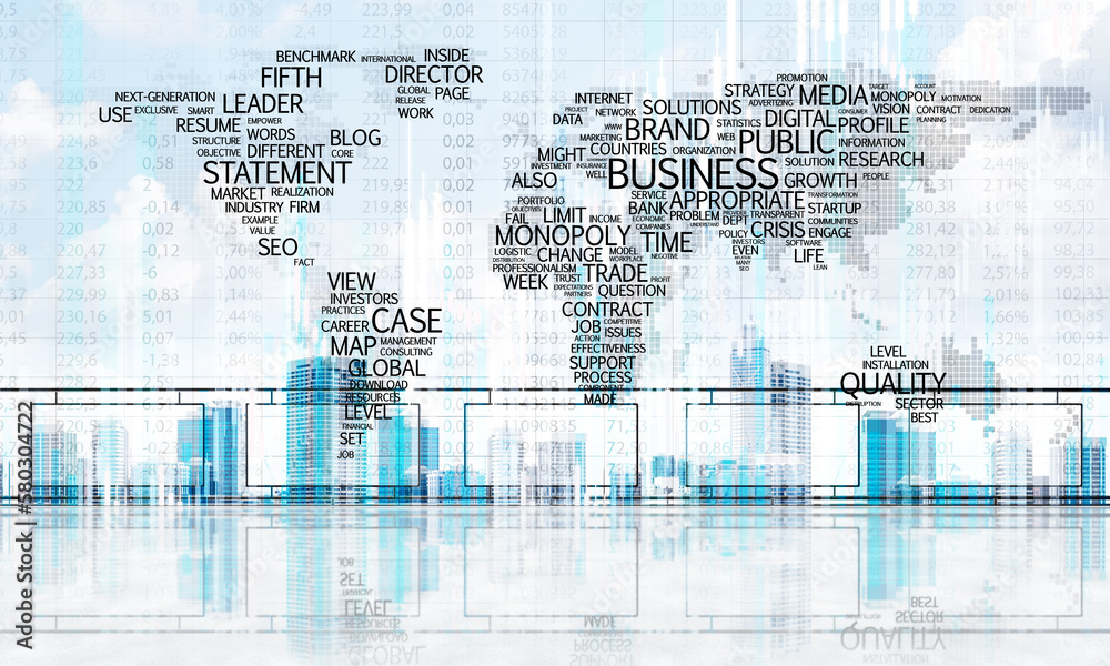 Obraz premium Concept of global communication and networking with world map over cityscape