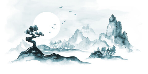 watercolor illustration, misty landscape with rocks fog and pine trees. Traditional oriental nature background