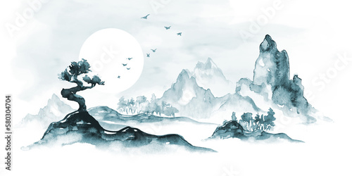 watercolor illustration, misty landscape with rocks fog and pine trees. Traditional oriental nature background