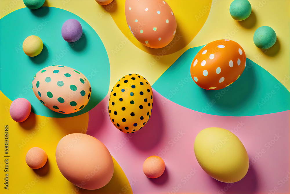 Colorful eggs and robin's eggs on colorful background, yellow eggs, ping eggs, white and green eggs. Easter composition. Generative AI