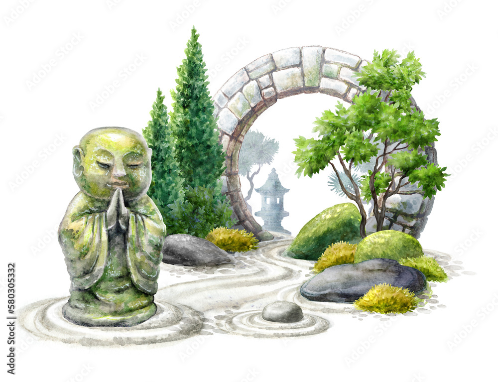 Obraz premium watercolor illustration of zen garden with buddha statue, green trees and round stone gate arch. Spiritual nature landscape, isolated on white background