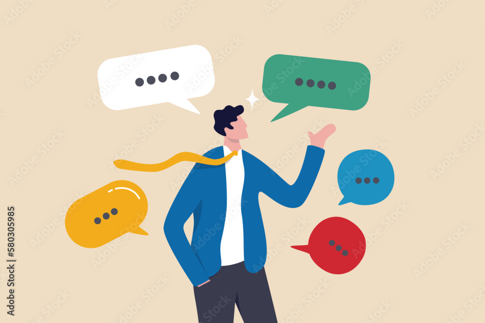 Verbal or oral communication skill, storytelling or explanation, public speaking, talking or discussion, telling message or speech concept, confidence businessman talking with multiple speech bubbles. - obrazy, fototapety, plakaty 