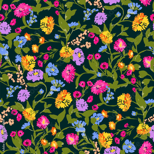 Night feminine seamless pattern with hand drawn paint wildflowers on dark background