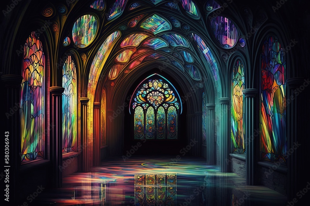 Fototapeta premium Gloomy Crypts Bathed in Rainbows of Stained Glass Generative AI