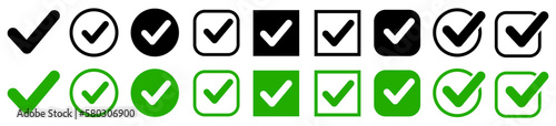 Approval check icon isolated, set quality sign, green and black tick – vector