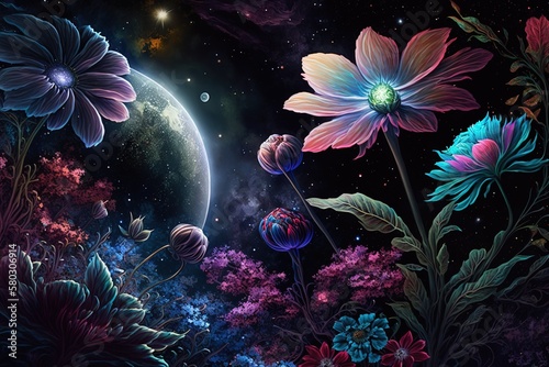 Galactic Garden with Out of This World Blooms Generative AI