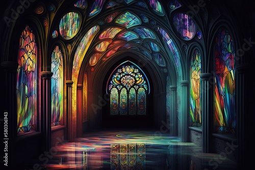 Gloomy Crypts Bathed in Rainbows of Stained Glass Generative AI