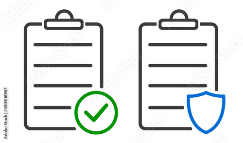 Document with approval check icon, quality check mark and security shield sign – stock vector