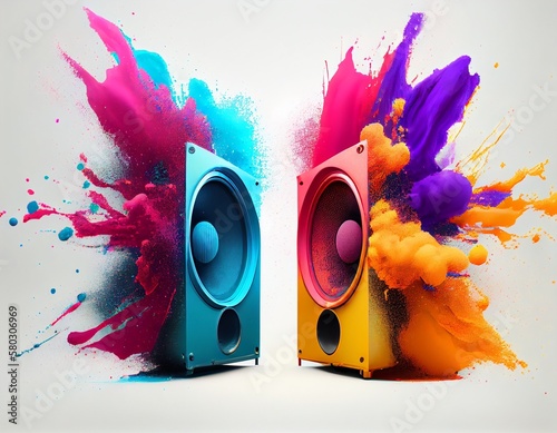 Speakers with colorful sound explosion, generative ai