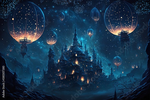 Night Skies Alive with Gleaming Towers and Glittering Lanterns Generative AI