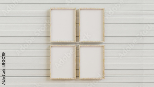 Set of 4 wooden picture frames, realistic mockups, wooden poster background
