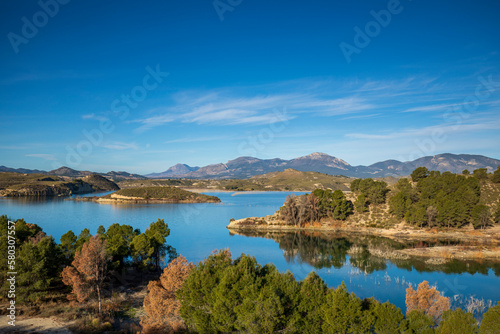 Panoramic view on a bright spring day of the Puentes reservoir, in Lorca, Region of Murcia, Spain.
