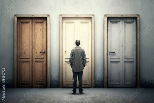 Fotografie, Obraz Man standing in front of vintage doors choosing right one, choice concept, gener