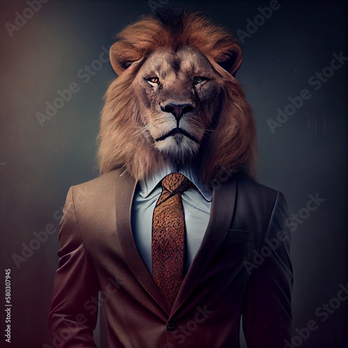 Bueautiful lion as a businessman, generative ai photo