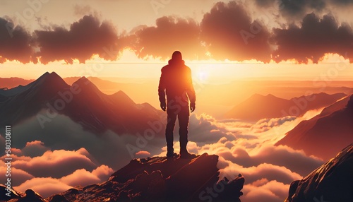 Man standing at the top of the mountain, generative ai