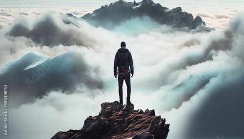 Man standing at the top of the mountain  generative ai