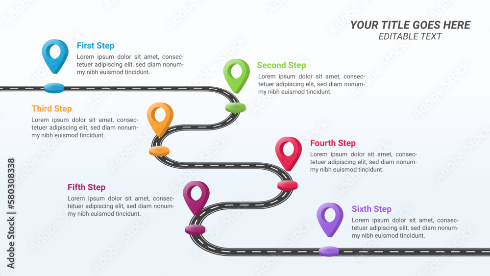 Road Timeline Infographic Presentation Template on a 16:9 Ratio with 3D Location Pin and Six Options or Steps for Business Presentations, Finance Reports, Web Design, and Yearly Reports. Road Timeline Infographic Presentation Template on a 16:9 Ratio with 3D Location Pin and Six Options or Steps for Business Presentations, Finance Reports, Web Design, and Yearly Reports.