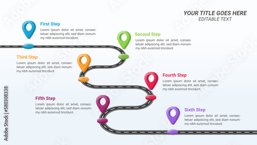 Road Timeline Infographic Presentation Template on a 16:9 Ratio with 3D Location Pin and Six Options or Steps for Business Presentations, Finance Reports, Web Design, and Yearly Reports.