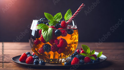 gourmet illustration of a delicious treat - a drink with fresh strawberries and blueberries, honey and syrup, decorated with fresh mint leaves. . Generative AI