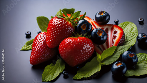 gourmet illustration of delicious treat - fresh strawberries and blueberries. Generative AI
