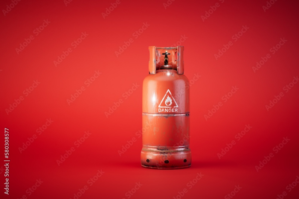 red gas cylinder on a red background. 3D render