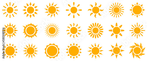 Set sun icons sign, solar isolated icon, sunshine, sunset collection, summer, sunlight – vector