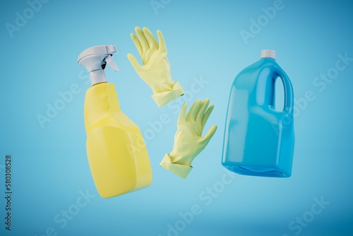 the concept of work in cleaning. detergent and rubber gloves for cleaning on a blue background. 3D render