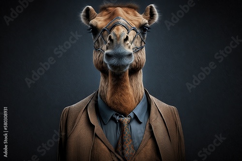Portrait of a camel in a formal business suit, generative ai	
