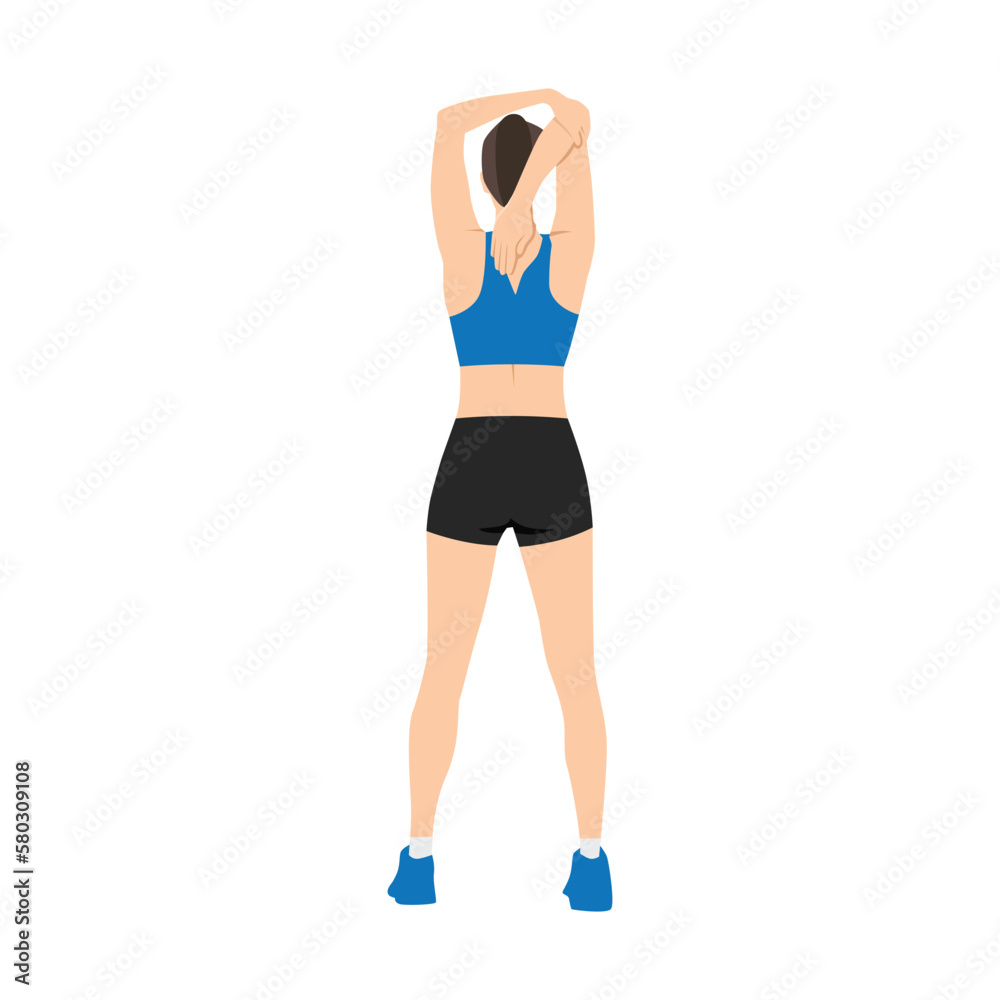 Woman doing Overhead triceps stretch exercise. Flat vector illustration  isolated on white background Stock Vector