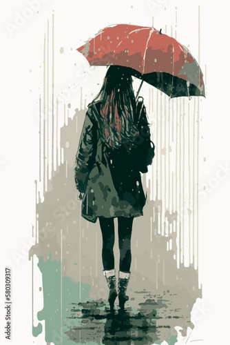 Sad woman with an umbrella walking under the rain. Vector art of cartoon poster. Watercolor painting of depressed woman. Hand drawn young lady heartbroken. Illustration of depression. Moody colors.