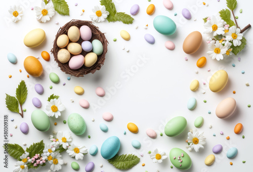Pastel Easter background with Easrer eggs and flowers.Easter background with Easrer eggs and flowers. Flat lay