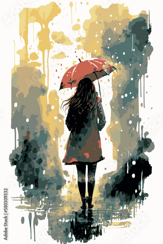 Sad woman with an umbrella walking under the rain. Vector art of cartoon poster. Watercolor painting of depressed woman. Hand drawn young lady heartbroken. Illustration of depression. Moody colors.
