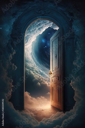 Mysterious door to heavens.Judgment day paradise concept with a portal to eternal life generative ai.