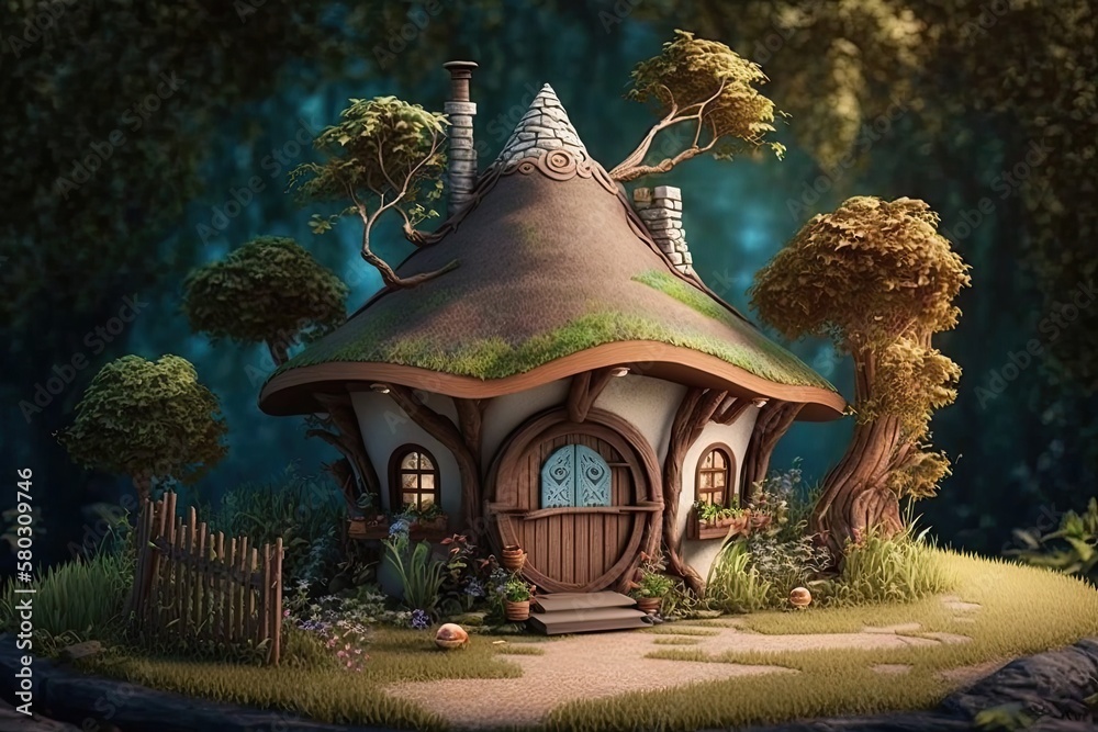a cute little brown hut house from a fantasy forest, set against a blue sky and surrounded by trees . Generative AI