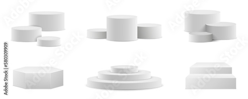 Set realistic podium. Pedestal and platform, stand stage, cylinder. Round empty stages and podium stairs 3d template - for stock