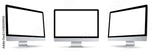 Three black monitor with empty display in turn, realistic set device screen mockup with shadow - vector