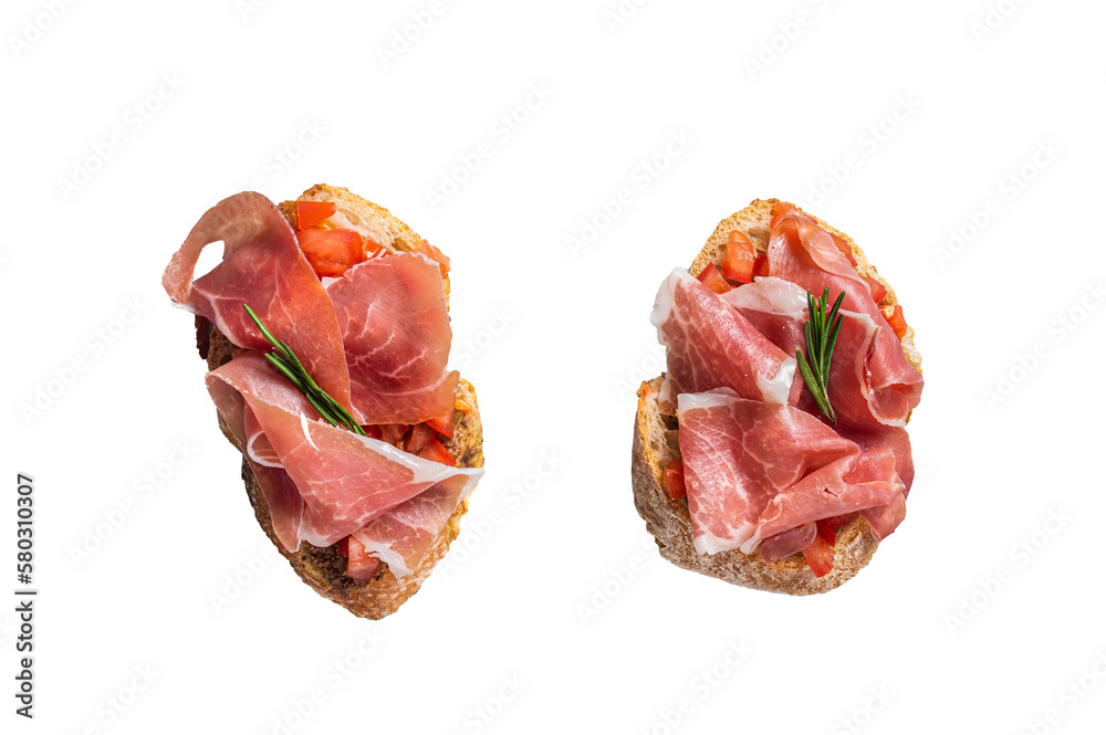 Spanish Tapas with tomatoes and cured Slices of jamon iberico ham ...