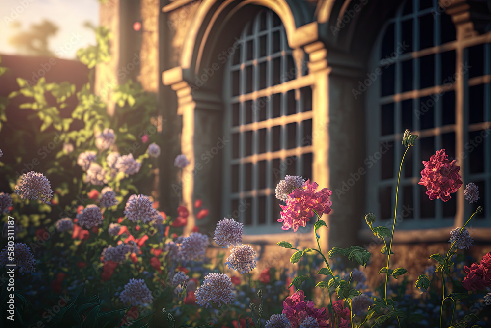 Fototapeta premium Fresh Morning Flowers Close-up on a Blurry Ancient Castle Background, Abstract Generative AI Illustration