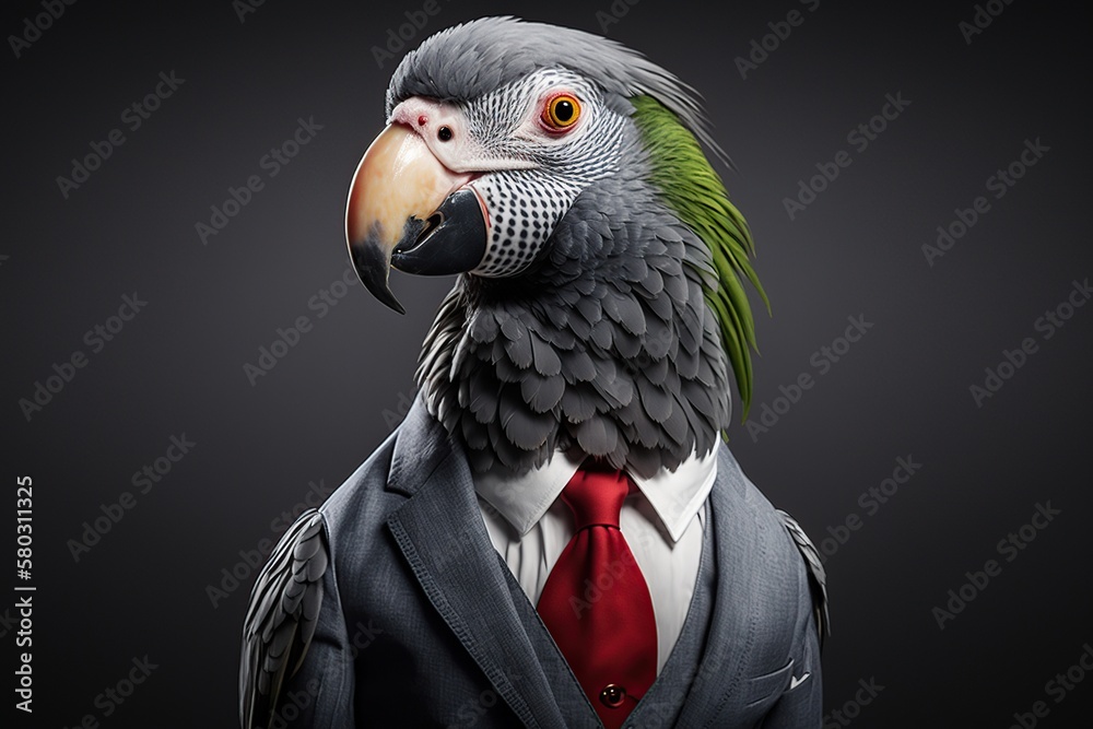 Fototapeta premium Portrait of a Parrot dressed in a formal business suit, generative ai 