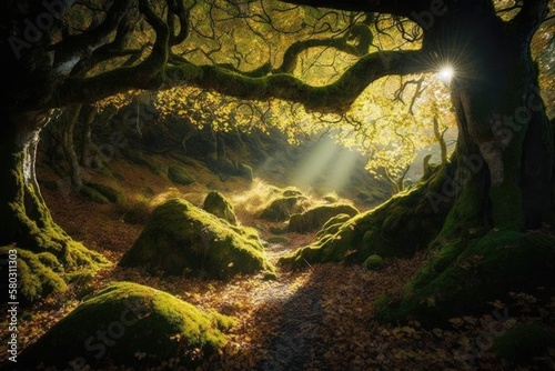 a sunny, mossy woods. On the forest floor, sunlight filters through the leaves. The enchanting appearance of an autumn woodland is due in large part to the deadwood and shadow plays that it features