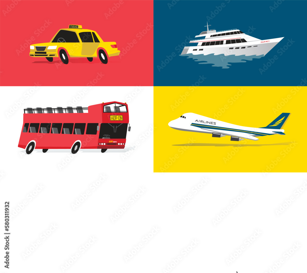 Transportations Taxi Bus Ship Cruise Airplane Vector Stylish Illustration
